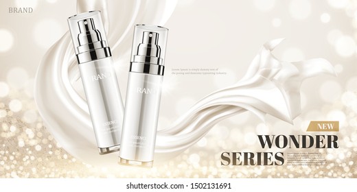 Skincare spray bottle ads with glitter bokeh effect and chiffon texture in 3d illustration