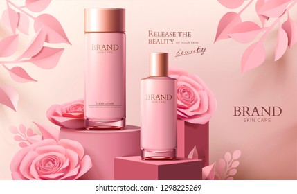 Skincare spray bottle ads with pink paper flowers on column in 3d illustration