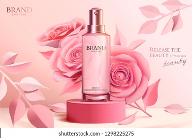 Skincare spray bottle ads with pink paper flowers on column in 3d illustration