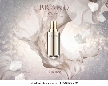 Skincare spray with pearl white chiffon and petals in 3d illustration on shimmering background