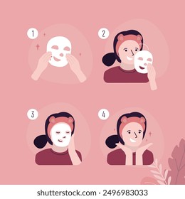 Skincare stages. Woman with skin problems on face uses cosmetic mask. Cute girl and cosmetic products. Infographic about how use cleansing face mask. Stop aging process. flat vector illustration