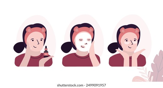 Skincare stages. Woman with skin problems on face uses cosmetic mask. Cute girl and cosmetic products. Infographic about how use cleansing face mask. Stop aging process. flat vector illustration