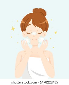 Skincare stages. Young girl washing her face. Сute cartoon illustration.