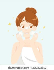 Skincare stages. Young happy girl washing her face. Сute cartoon illustration. 