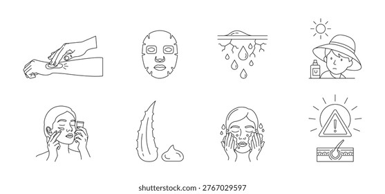 Skincare thin line icon set. Beauty routine and skin care outline icons. Editable stroke. Vector illustration.	