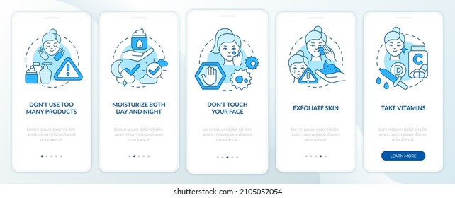 Skincare tips blue onboarding mobile app screen. Health of skin walkthrough 5 steps graphic instructions pages with linear concepts. UI, UX, GUI template. Myriad Pro-Bold, Regular fonts used