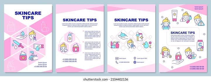 Skincare tipps rosafarbene Broschüre Vorlage. Gesunde Haut. Booklet Print-Design mit linearen Symbolen. Vektorgrafiken für Präsentationen, Jahresberichte, Anzeigen. Arial-Black, Myriad Pro-Regular Schriftarten verwendet