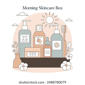 Skincare Toolbox concept. Array of morning beauty regimen essentials with floral accents to start the day fresh and nourished. Vector illustration.