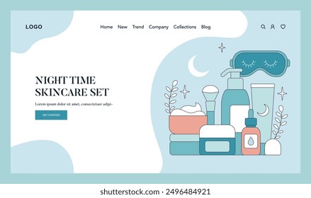 Skincare toolbox concept. An array of night time beauty essentials for a soothing skincare routine under the moonlight. Pastel color palette. Vector illustration.