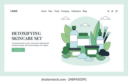 Skincare Toolbox concept. A collection of beauty products and tools for a detoxifying skincare routine. Organic elements, health, and self-care focus. Vector illustration.