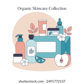 Skincare Toolbox concept. Collection of organic skincare products presented in a minimalist design. Beauty regimen essentials with natural elements. Vector illustration.