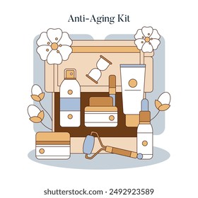Skincare Toolbox concept. Essential anti-aging beauty products arranged neatly alongside white flowers. Complete facial care routine. Vector illustration.