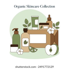 Skincare toolbox concept. Illustration of organic skincare products with natural ingredients. Eco-friendly beauty routine theme. Vector illustration.