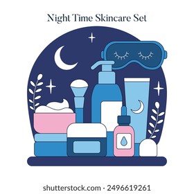 Concepto de Skincare Toolbox. Un conjunto de rutina nocturna serena presenta elementos esenciales para el rejuvenecimiento de la piel bajo iconos iluminados por la luna. Ilustración vectorial.