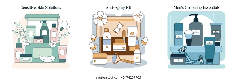 Skincare Toolbox set. Custom regimens for sensitive skin, anti-aging, and men's grooming highlighted with botanical elements. Vector illustration.