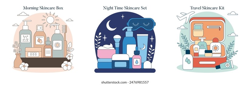 Skincare Toolbox set. Morning, night, and travel skincare essentials for daily routines. Vector illustration of beauty products and accessories.