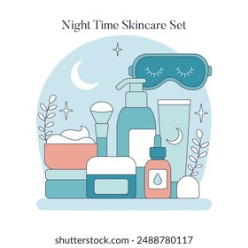 Skincare toolbox set for night routine featuring creams, serums, and a sleeping mask under a moonlit theme. Beauty regimen essentials. Vector illustration.