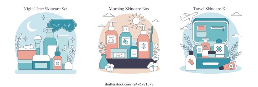 Caja de herramientas para el cuidado de la piel. Regímenes de cuidado personal para rutinas nocturnas, matutinas y de viaje. Kits de belleza temáticos con productos esenciales. Ilustración vectorial.