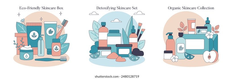 Skincare Toolboxes set. Illustration of eco-friendly, detoxifying, and organic skincare essentials. Sustainable beauty and personal care products. Vector illustration.