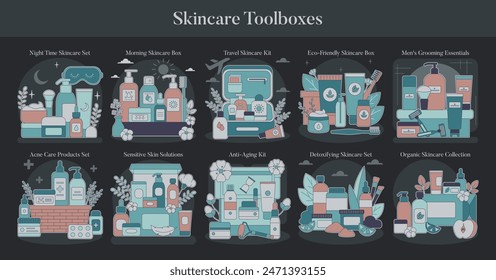 Skincare Toolboxes set. Night and morning routines, travel kits, eco-friendly and sensitive skin solutions. Men's and organic skincare essentials. Vector illustration.