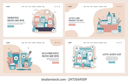 Skincare Toolkit set. Daily beauty regimen essentials for radiant skin. Morning routine, acne prevention, eco wellness, age-defying solutions. Vector illustration.