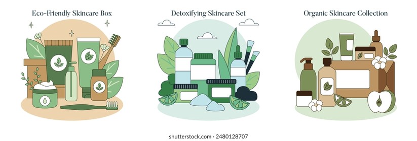 Skincare Toolkit set. Natural beauty essentials featuring eco-friendly, detoxifying, and organic products. Sustainable personal care routine. Vector illustration.