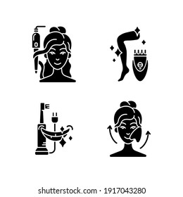 Skin-care tools black glyph icons set on white space. Curling iron. Epilator. Electric toothbrush. Gua sha stone. Hair tong. Removing unwanted hair. Silhouette symbols. Vector isolated illustration