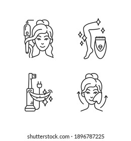 Skin-care tools linear icons set. Curling iron. Epilator. Electric toothbrush. Gua sha stone. Hair tong. Customizable thin line contour symbols. Isolated vector outline illustrations. Editable stroke