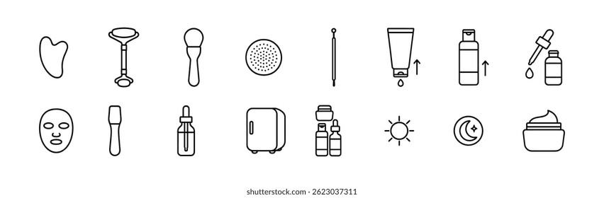 Skincare tools, products icons set. Vector outline icons