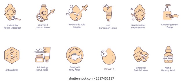 Iconos del tratamiento del cuidado de la piel: Masajeador facial del rodillo del jade, vitamina C, ácido hialurónico, SPF, niacinamida, espuma limpiadora, antioxidante, exfoliante, omega-3, vitamina E, carbón vegetal, máscara despegable, AHA