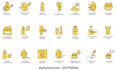 Skincare Treatment Icons: Vitamin C, Hyaluronic Acid, Retinol, SPF, Collagen, Niacinamide, Anti-Aging, Moisturizing, Night Repair, Eye Cream, Lip Balm, Cleansing Foam, Facial Steamer, Peptide 