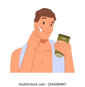 Skincare and treatment for sensitive skin. Isolated man applying cream or aftershave lotion with soft texture. Flat cartoon character, vector illustration