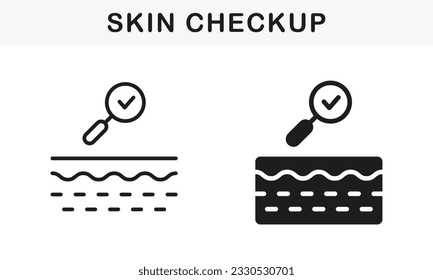 Skincare Treatment. Skin Checkup Line and Silhouette Black Icon Set. Checked Clean Skin Layer Symbol Collection. Magnifying Glass for Skin Problem Research Pictogram. Isolated Vector Illustration.