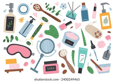 Skincare treatment and tools hand drawn collection, doodle icons of lotion, serum, makeup products, vector illustrations of hygiene routine, bottles and jars with cream, skin beauty, health care set