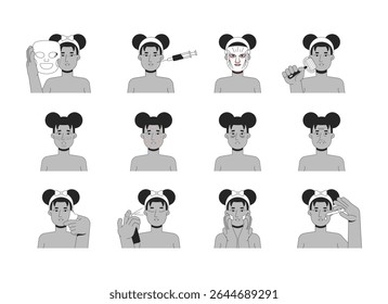 Tratamentos de cuidados da pele e condições da pele delineiam ilustrações conjunto. Máscara de papel, névoa facial, gua sha, microagulha. Mulher negra personagem de linha 2D isolado em branco. Coleção de imagens lineares de tinta vetorial