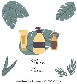 Skincare tropical composition with oil cream and soap