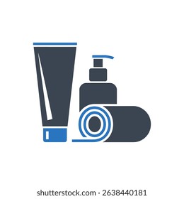 skincare tube, rolled towel, and comb icon