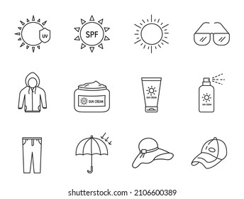 Skincare,  UV and sun protection outline icon set.