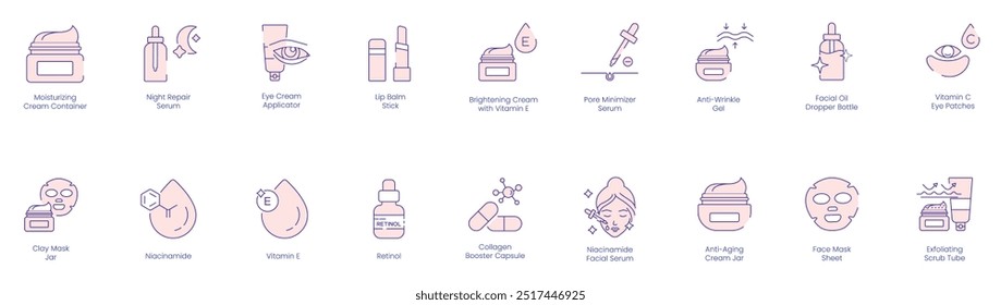 Skincare Vector Icon Set with Moisturizing Cream, Night Repair Serum, Eye Cream Applicator, Lip Balm, Brightening Cream, Pore Minimizer, Anti-Wrinkle Gel, Face Oil, Vitamin C Eye Protector, Face Mask