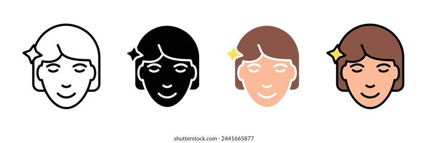 Conjunto de ilustración vectorial de cuidado de la piel. Icono de resplandor facial. Hermoso o limpio símbolo de la cara femenina para los diseños de UI.