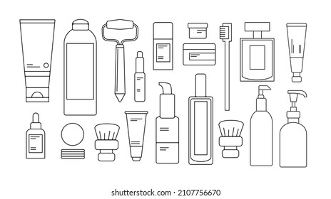 Skincare, Vektorgrafik Set in einfachem Flachdesign-Stil. Cremes, Seren und andere Hygieneprodukte. Pflege gegen Alter und Schönheit