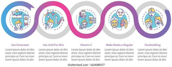 Skincare vector infographic template. Acid for skin and vitamin C. Facebuilding presentation design elements. Data visualization with 5 steps. Process timeline chart. Workflow layout with linear icons