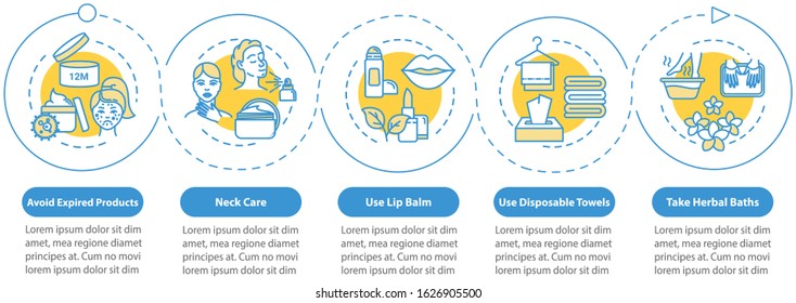 Skincare vetor infográfico modelo. produtos expirados. Pescoço, cuidado com os lábios. Elementos de design de apresentação de beleza. Visualização de dados com 5 etapas. Processar gráfico de linha do tempo. Layout de fluxo de trabalho com ícones lineares