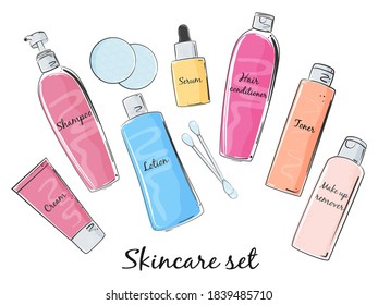 Skincare vector set illustration in handdrawn style, different bottles isolated on white background.