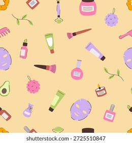 Patrón de cuidado de la piel y bienestar con mascarillas, cosméticos y productos de belleza. Ilustración vectorial