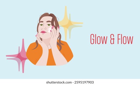 Skincare woman applying face cream. Young female with glowing skin doing beauty routine. Wellness and self-care concept for web banners, postcard. Modern flat vector illustration in minimalistic style