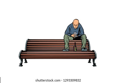 skinhead bully sitting on a bench with a bottle. Pop art retro vector illustration kitsch vintage