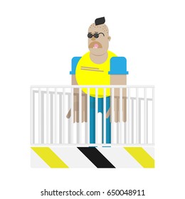 Skinhead character over the fence isolated. Football hooligan.Flat vector illustration