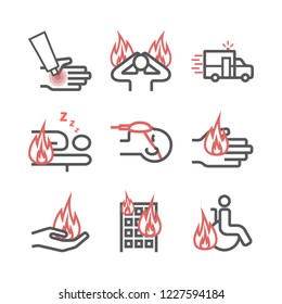 Skinl Burns line icons. House fire. Treatment. Vector illustrations