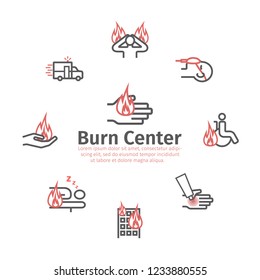 Skinl Burns round banner. line icons. House fire. Treatment. Vector illustrations